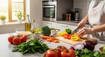 Close up of a woman's hands chopping fresh colorful vegetables on a wooden board in a modern kitchen