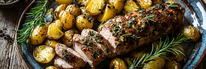 Juicy herb-crusted pork tenderloin with roasted potatoes, tantalizing autumn feast, Samhain harvest celebration, rustic culinary artistry