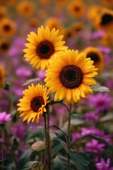 Obraz premium Vibrant Yellow Sunflowers Standing Out Against a Soft Floral Field: Summer Nature and Optimism