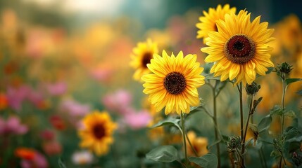 Obraz premium Vibrant Yellow Sunflowers Standing Out Against a Soft Floral Field: Summer Nature and Optimism