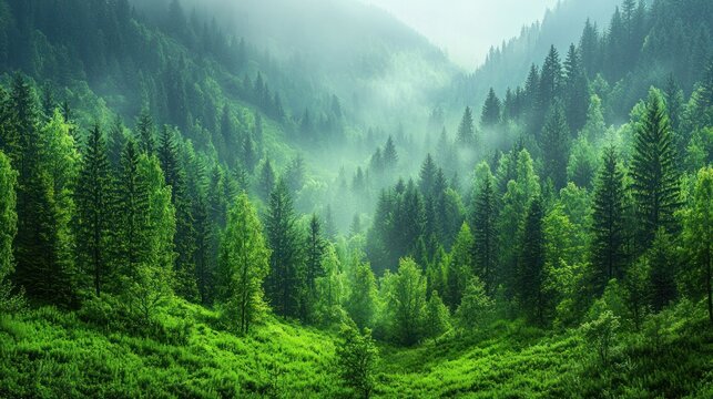 Verdant valley filled with evergreen trees shrouded in mystical fog