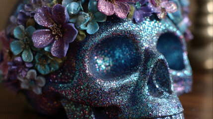 Sparkling sugar skull bedecked with vibrant blossoms, evoking Dia de los Muertos' ethereal hues and the whimsical melancholy of remembrance