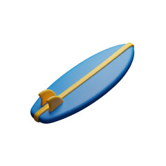 Vibrant 3D rendered blue surfboard icon with yellow fins, representing summer vacation, ocean waves, and active water sports