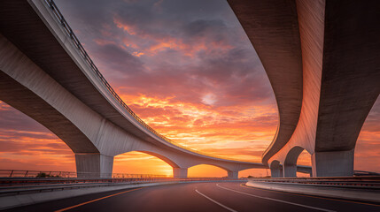 Majestic concrete overpass arches under ethereal sunset glow, evoking futuristic journeys, cosmic highways, and International Day of Peace dreams
