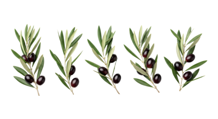 Five Olive Branches with Ripe Black Olives on White Background.