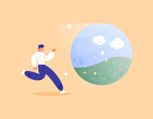 Illustration of a man running towards a portal. Employees or workers trying to achieve freedom. Going on vacation. Looking for peace and quiet. Concept or metaphor. Flat style. Orange background.