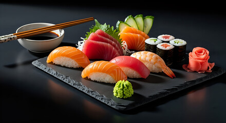 Assorted Japanese sushi and sashimi platter with fresh fish.