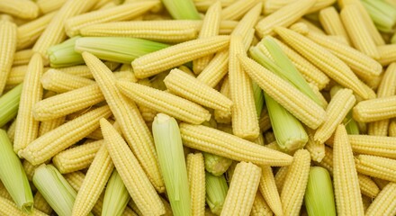 Close-up of a Pile of Fresh Baby Corn with Green Husks