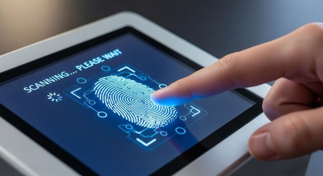 Advanced biometric technology scanning a fingerprint on a digital touch screen for secure authentication and personal identification