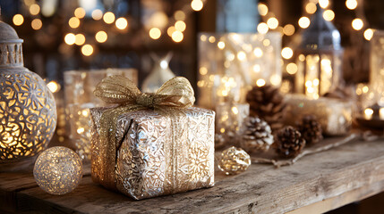 Entwined in festive splendor, a shimmering gift whispers Yuletide magic and Diwali luminance, sparkling against rustic whimsy