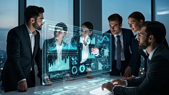 Business team analyzing data on a transparent interface, teamwork in action