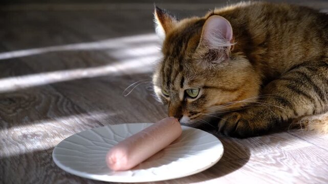 Domestic cat smelling sausage. Joyful, playful pets on domestic kitchen, picky cat.  Humor	