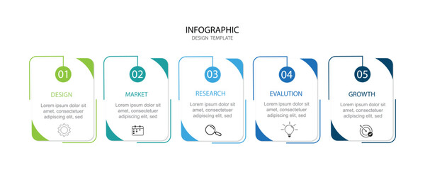 Basic infographic template with 5 steps, process or options, process chart, Used for process diagram, presentations, Vector illustration.	