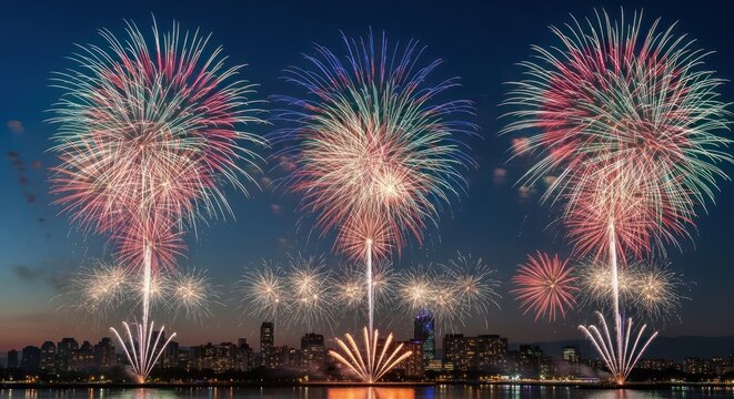 Spectacular fireworks illuminate the night sky above a city skyline.
