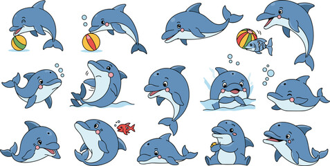 Set of fifteen cartoon dolphin illustrations showing playful poses, expressive emotions, and underwater activities in cheerful vector style © MSTAYESHASIDDIKA