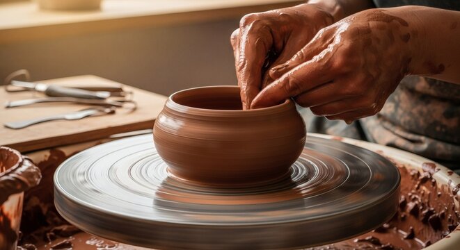 Artisan potter's hands skillfully whisk and shape wet brown clay into a ceramic vessel on a spinning pottery wheel in a workshop