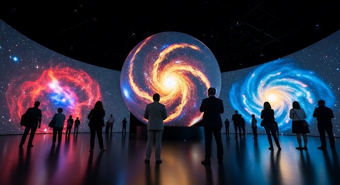 Visitors immersed in a captivating cosmos exhibit with stunning galaxy projections, inspiring wonder and exploration of space and science in a modern museum setting