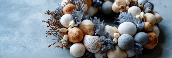 Obraz premium Rustic coastal wreath with shells and natural elements on textured background