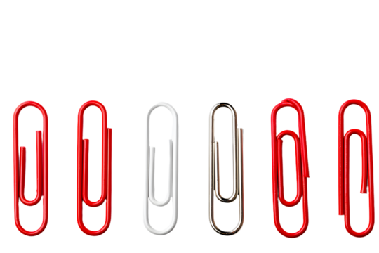 Red paper clip show different from the others on white background