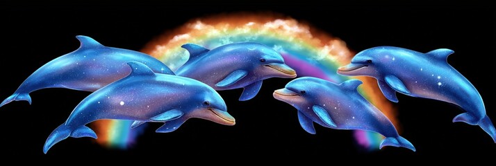 Obraz premium Five cosmic dolphins swim with rainbow in starry ocean scene