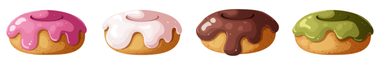 Assorted Donuts with Icing Glaze – Strawberry, Vanilla, Chocolate and Pistachio Pastries Isolated