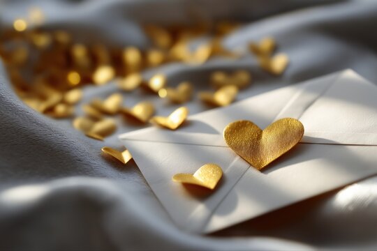 Golden hearts on envelope: romantic symbolism and love expression