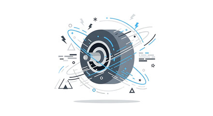 Obraz premium Abstract technological core illustration with orbiting elements and data lines, representing science, innovation, and digital analytics