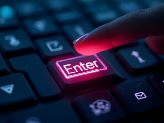 Macro of finger pressing Enter as tiny envelope streaks exit keyboard area, neon trail, concept of quick send