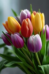 Obraz premium Vibrant multicolored tulips in full bloom with dew drops