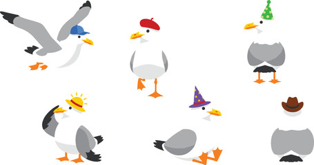 Set of seven cartoon birds wearing different hats in playful poses, showcasing humorous character design for creative projects