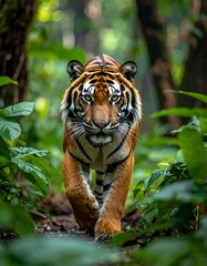 Obraz premium A majestic tiger approaches the camera in a lush, green forest environment, its orange and black stripes vibrant. The focus is on the animal's striking eyes