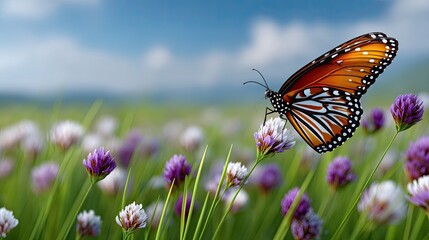 Naklejka premium Orange Monarch Butterfly Resting on Purple and White Wildflowers in a Lush Green Meadow Under a Blue Sky with Soft Clouds