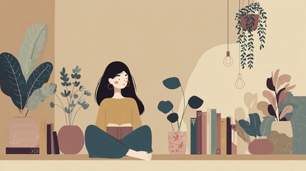Cozy Home Interior with Woman Reading Surrounded by Plants and Books