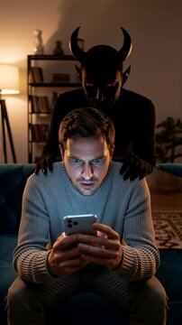 Devil Influencing Man on Smartphone. Metaphorical video represents temptation, social media addiction, doomscrolling, sin, vice, or the dark influence of technology. Vertical video
