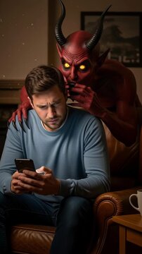 Man Distracted by Demon Whispering Over His Shoulder. Devil's Influence concept. Vertical video
