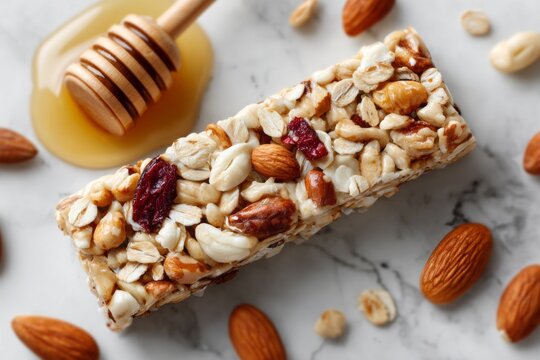 A bar of granola with almonds and raisins sits on a marble countertop. A spoonful of honey is drizzled over the granola - Powered by Adobe