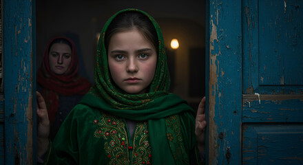 Portrait of a young girl in a green hijab standing at an old blue door with a calm expression, while another woman stands behind her.