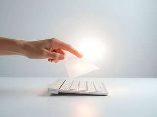 Minimal white desk: hand hovering above keyboard while holographic envelope opens, soft shadow ellipse, premium gloss aesthetic