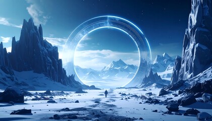Mysterious glowing portal in a frozen alien landscape with a lone figure.