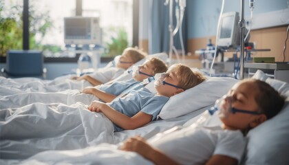 Children receiving non-invasive breathing support in a modern pediatric hospital ward, healthcare technology for kids' respiratory care, oxygen therapy in a bright medical room