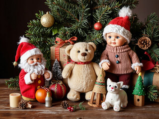 Christmas still life with vintage toys Christmas dolls and teddy bear decorated with ornaments by tree  