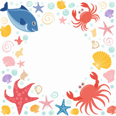 frame with fishes (Fish, crab, octopus, jellyfish, starfish, seashell)