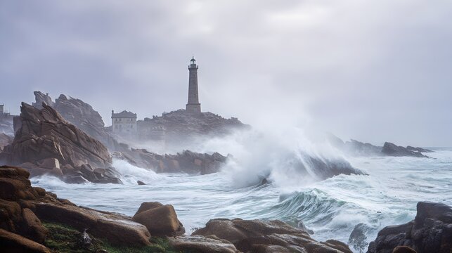 Dramatic coastal lighthouse stands firm against crashing waves on a misty gray seascape