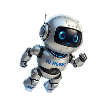 Cute AI robot character with 'AI AGENT' text flying forward with enthusiasm