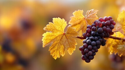 Fototapeta premium A bunch of grapes hanging from a vine with leaves in the background. The grapes are ripe and ready to be picked