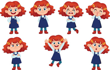 Cartoon girl showing emotions, facial expressions, happiness, sadness, anger, surprise, shyness, joy, educational illustration, emotional learning, character design