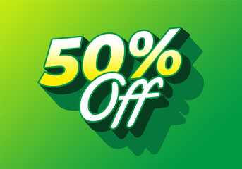 50% off. Bright green sale text with bold 3D effect