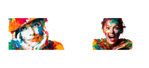 Expressive faces splattered with vibrant paint