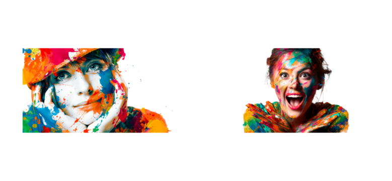 Expressive faces splattered with vibrant paint