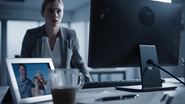 Workplace Grief and Silent Reflection, Empty Desk Rack Focus
